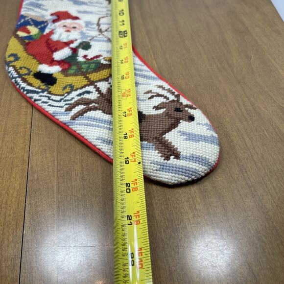 Vintage Needlepoint Christmas Stocking Santa Sleigh Reindeer Red Fabric Back - Picture 10 of 11
